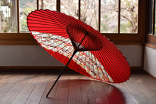 画像をギャラリービューアに読み込む, 蛇の目傘【縞帯 深紅×花柄青海波】